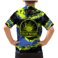 Abstract Blue and Yellow Bowling Ball Strike Design Family Matching Mermaid Dress and Hawaiian Shirt with Custom Name Print - Wonder Print Shop