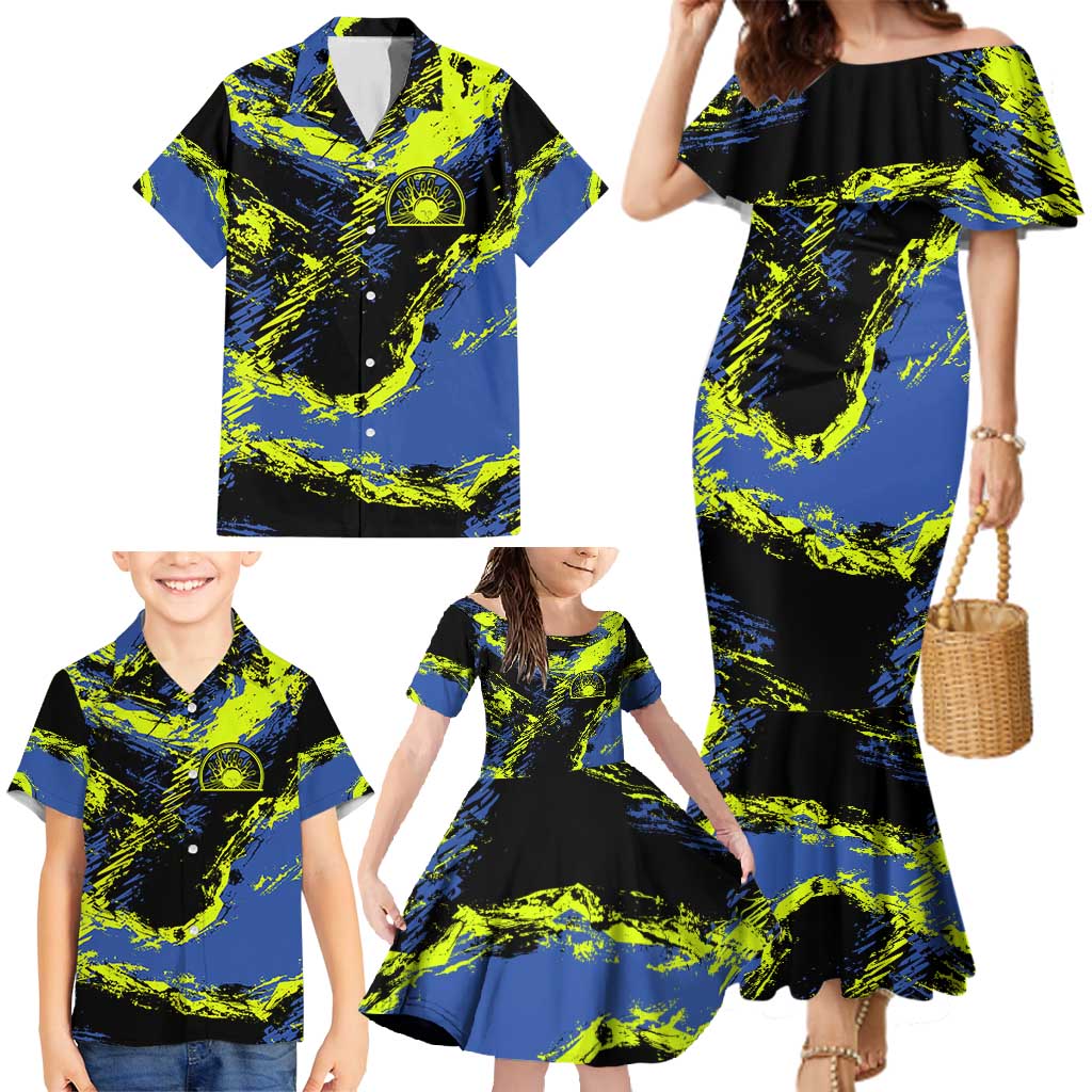 Abstract Blue and Yellow Bowling Ball Strike Design Family Matching Mermaid Dress and Hawaiian Shirt with Custom Name Print - Wonder Print Shop