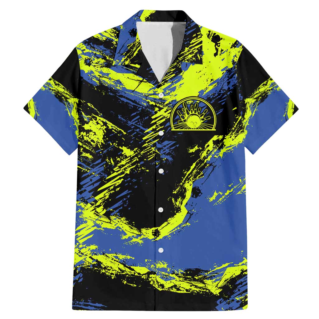 Abstract Blue and Yellow Bowling Ball Strike Design Family Matching Mermaid Dress and Hawaiian Shirt with Custom Name Print - Wonder Print Shop