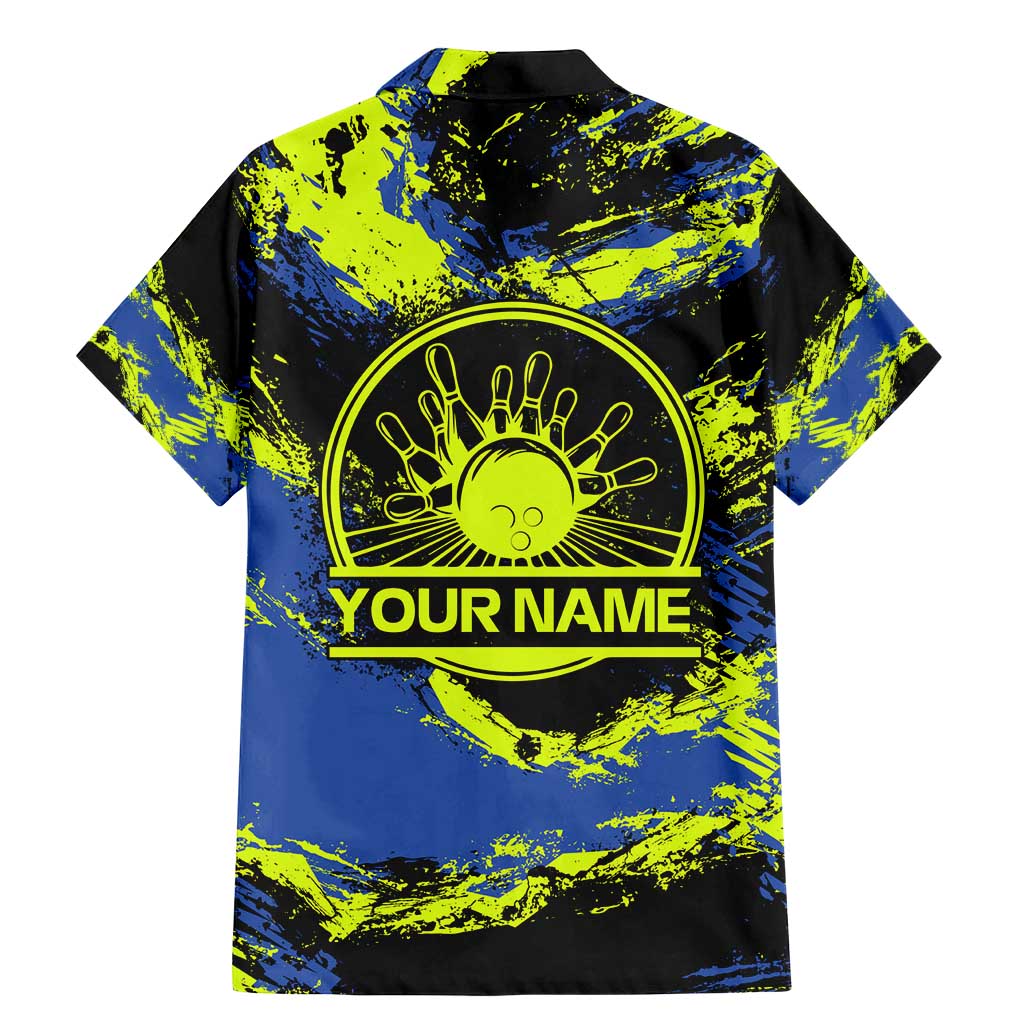 Abstract Blue and Yellow Bowling Ball Strike Design Family Matching Mermaid Dress and Hawaiian Shirt with Custom Name Print - Wonder Print Shop