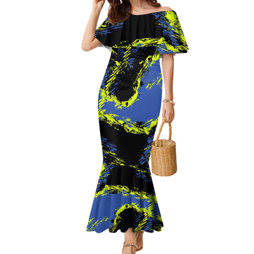 Abstract Blue and Yellow Bowling Ball Strike Design Family Matching Mermaid Dress and Hawaiian Shirt with Custom Name Print - Wonder Print Shop