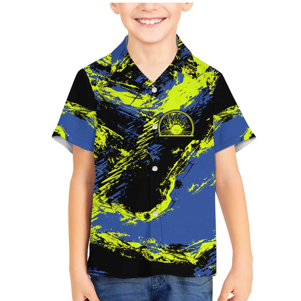 Abstract Blue and Yellow Bowling Ball Strike Design Family Matching Mermaid Dress and Hawaiian Shirt with Custom Name Print - Wonder Print Shop