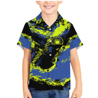 Abstract Blue and Yellow Bowling Ball Strike Design Family Matching Mermaid Dress and Hawaiian Shirt with Custom Name Print - Wonder Print Shop