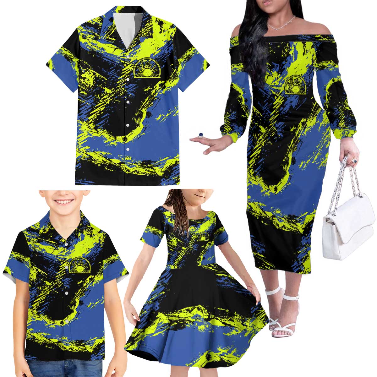 Abstract Blue and Yellow Bowling Ball Strike Design Family Matching Off The Shoulder Long Sleeve Dress and Hawaiian Shirt with Custom Name Print - Wonder Print Shop
