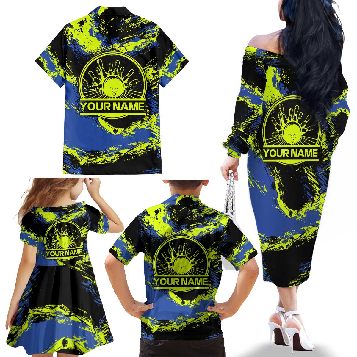 Abstract Blue and Yellow Bowling Ball Strike Design Family Matching Off The Shoulder Long Sleeve Dress and Hawaiian Shirt with Custom Name Print - Wonder Print Shop