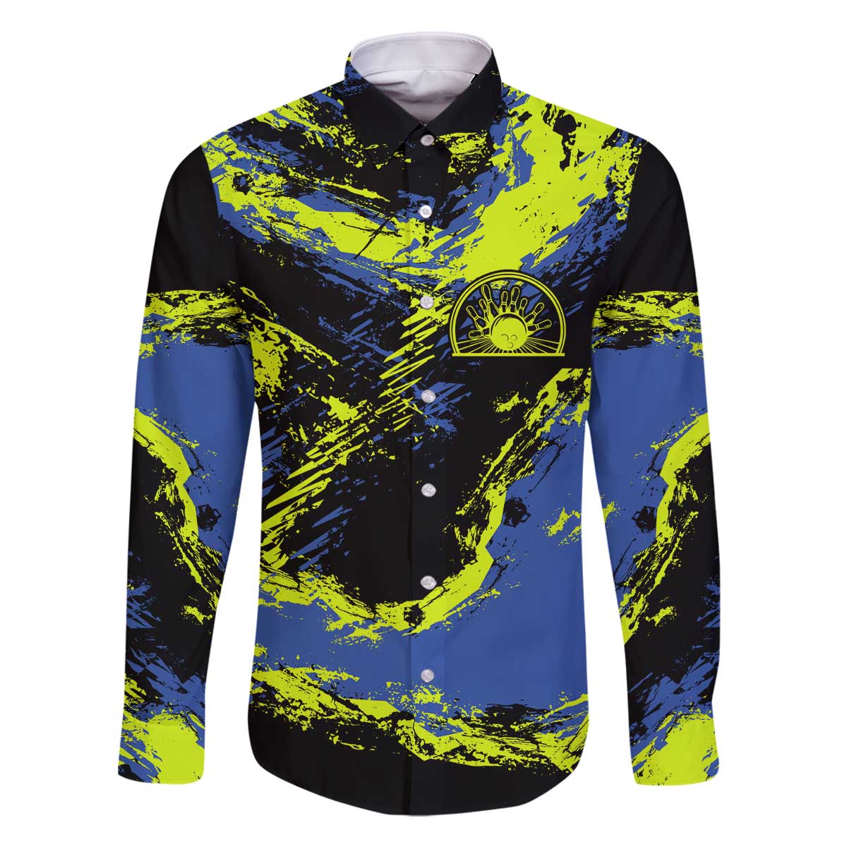 Abstract Blue and Yellow Bowling Ball Strike Design Family Matching Off The Shoulder Long Sleeve Dress and Hawaiian Shirt with Custom Name Print - Wonder Print Shop