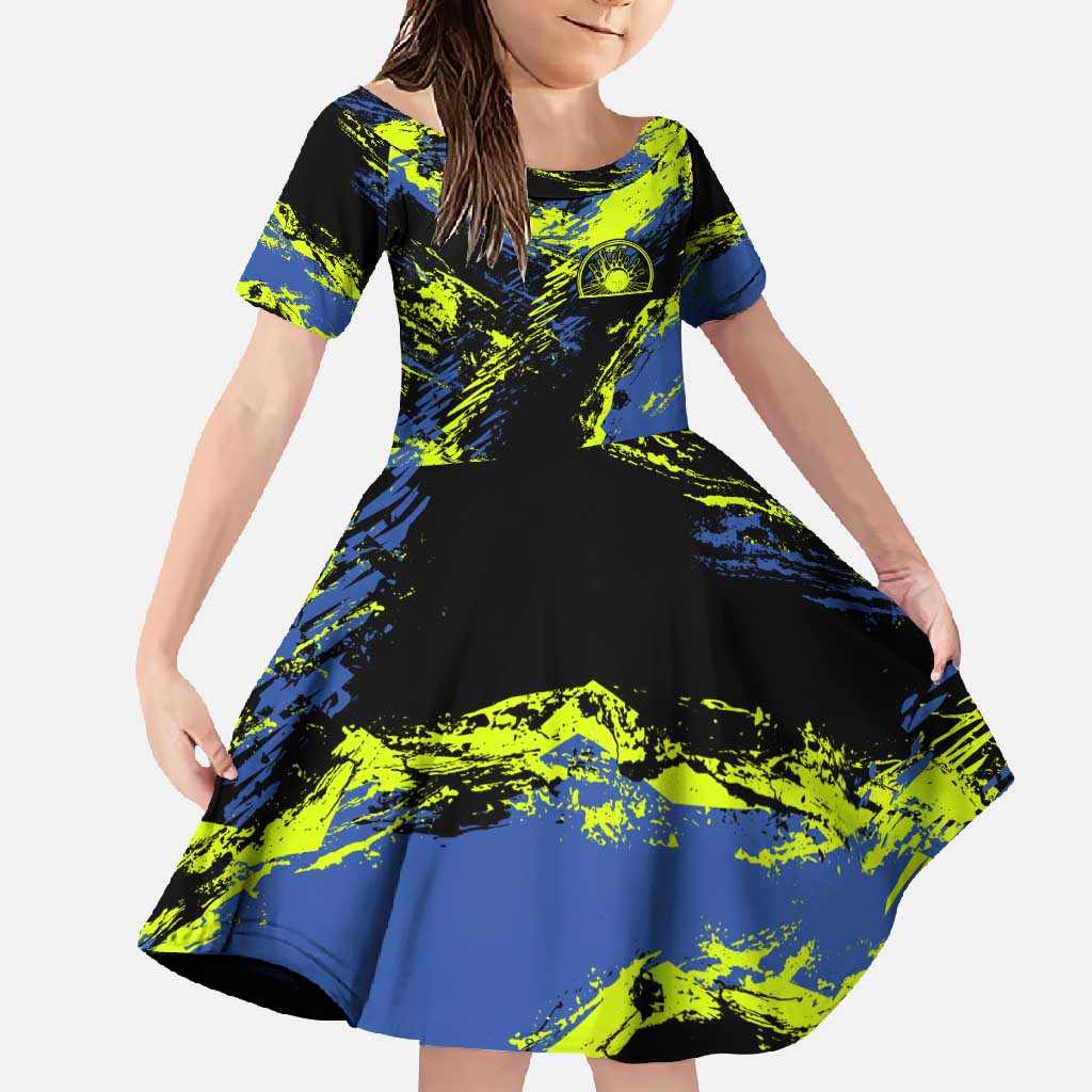 Abstract Blue and Yellow Bowling Ball Strike Design Family Matching Off Shoulder Maxi Dress and Hawaiian Shirt with Custom Name Print - Wonder Print Shop