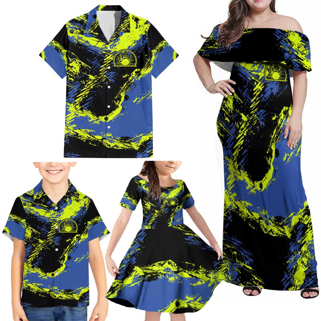 Abstract Blue and Yellow Bowling Ball Strike Design Family Matching Off Shoulder Maxi Dress and Hawaiian Shirt with Custom Name Print - Wonder Print Shop