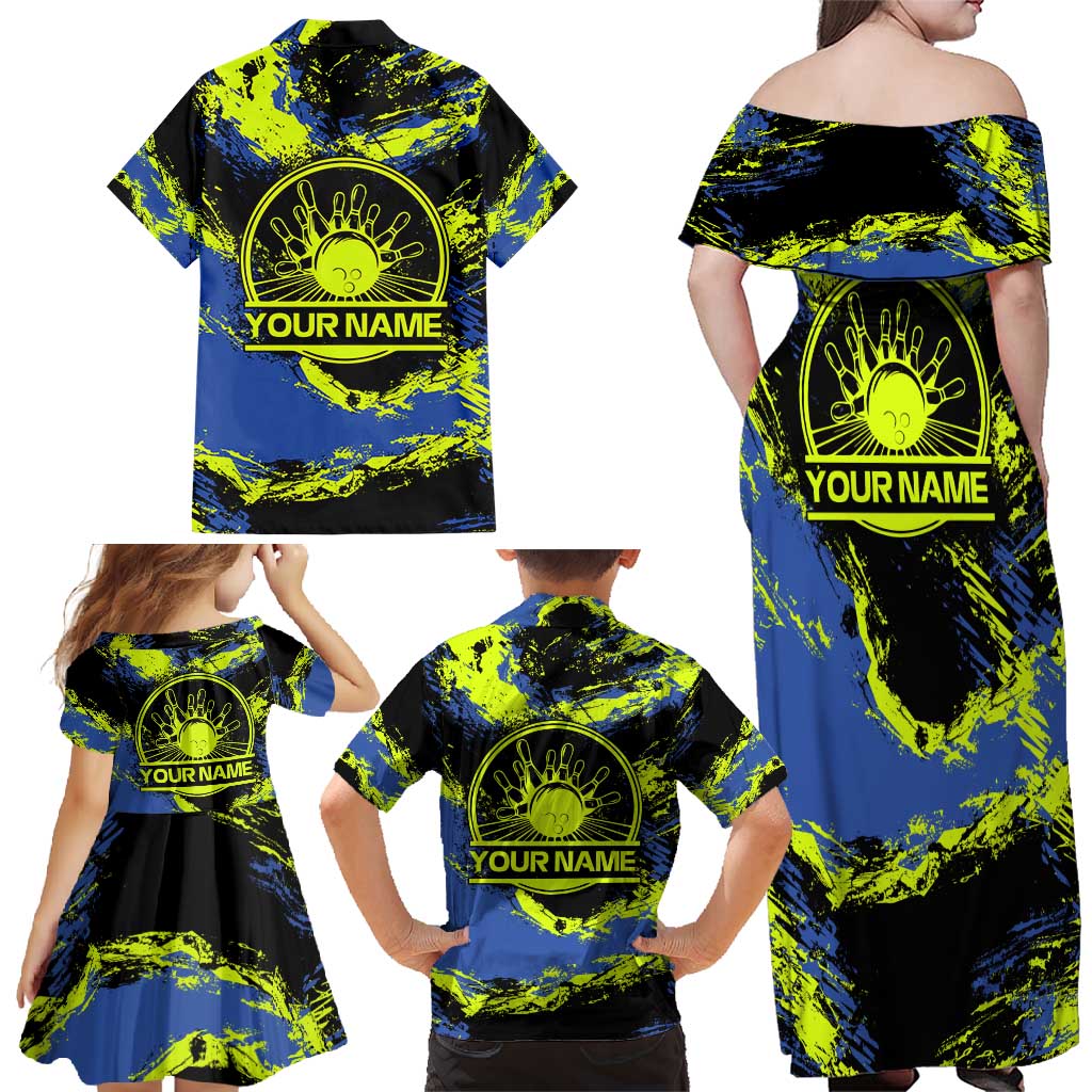 Abstract Blue and Yellow Bowling Ball Strike Design Family Matching Off Shoulder Maxi Dress and Hawaiian Shirt with Custom Name Print - Wonder Print Shop