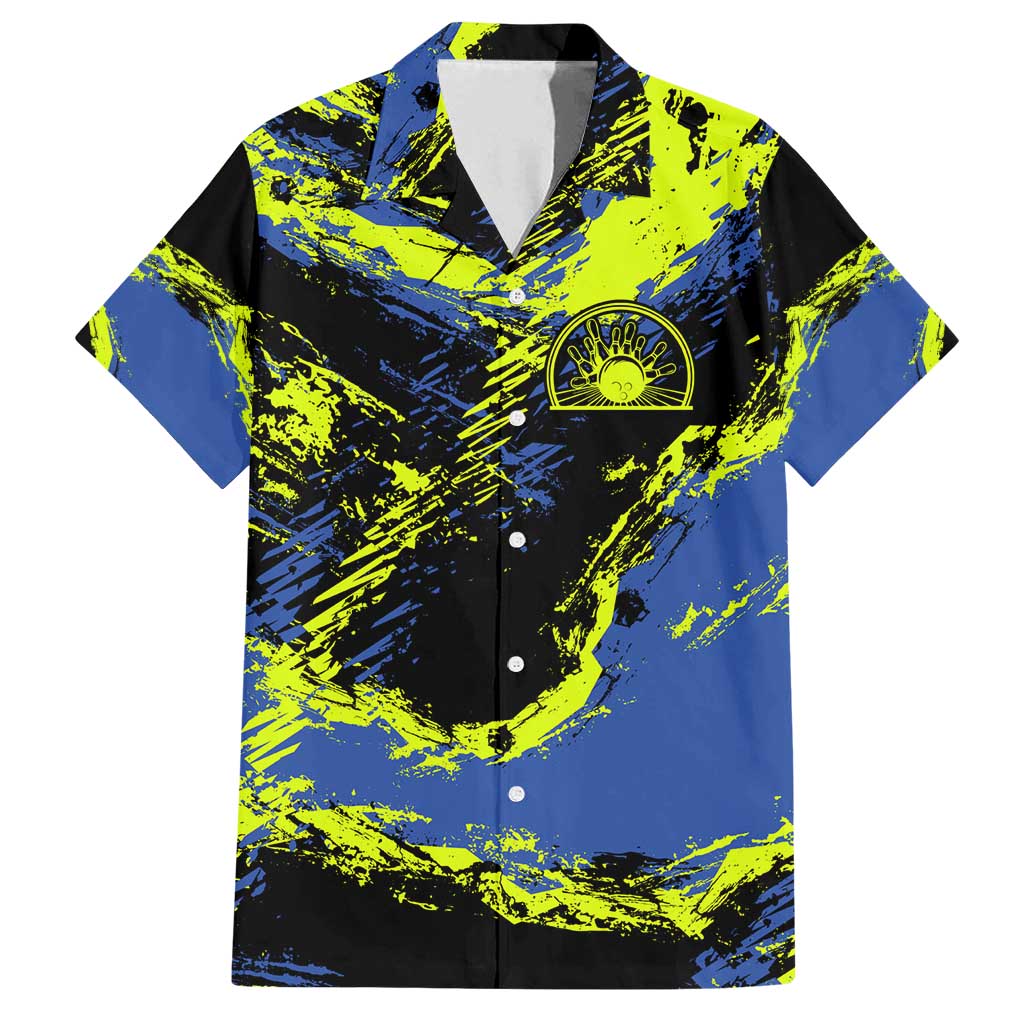 Abstract Blue and Yellow Bowling Ball Strike Design Family Matching Off Shoulder Maxi Dress and Hawaiian Shirt with Custom Name Print - Wonder Print Shop