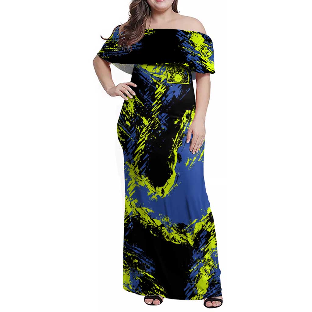 Abstract Blue and Yellow Bowling Ball Strike Design Family Matching Off Shoulder Maxi Dress and Hawaiian Shirt with Custom Name Print - Wonder Print Shop