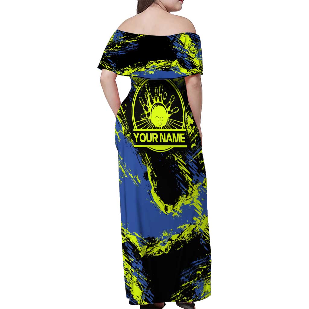Abstract Blue and Yellow Bowling Ball Strike Design Family Matching Off Shoulder Maxi Dress and Hawaiian Shirt with Custom Name Print - Wonder Print Shop