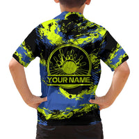 Abstract Blue and Yellow Bowling Ball Strike Design Family Matching Off Shoulder Short Dress and Hawaiian Shirt with Custom Name Print - Wonder Print Shop
