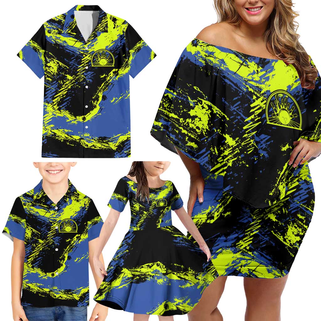 Abstract Blue and Yellow Bowling Ball Strike Design Family Matching Off Shoulder Short Dress and Hawaiian Shirt with Custom Name Print - Wonder Print Shop