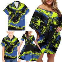 Abstract Blue and Yellow Bowling Ball Strike Design Family Matching Off Shoulder Short Dress and Hawaiian Shirt with Custom Name Print - Wonder Print Shop