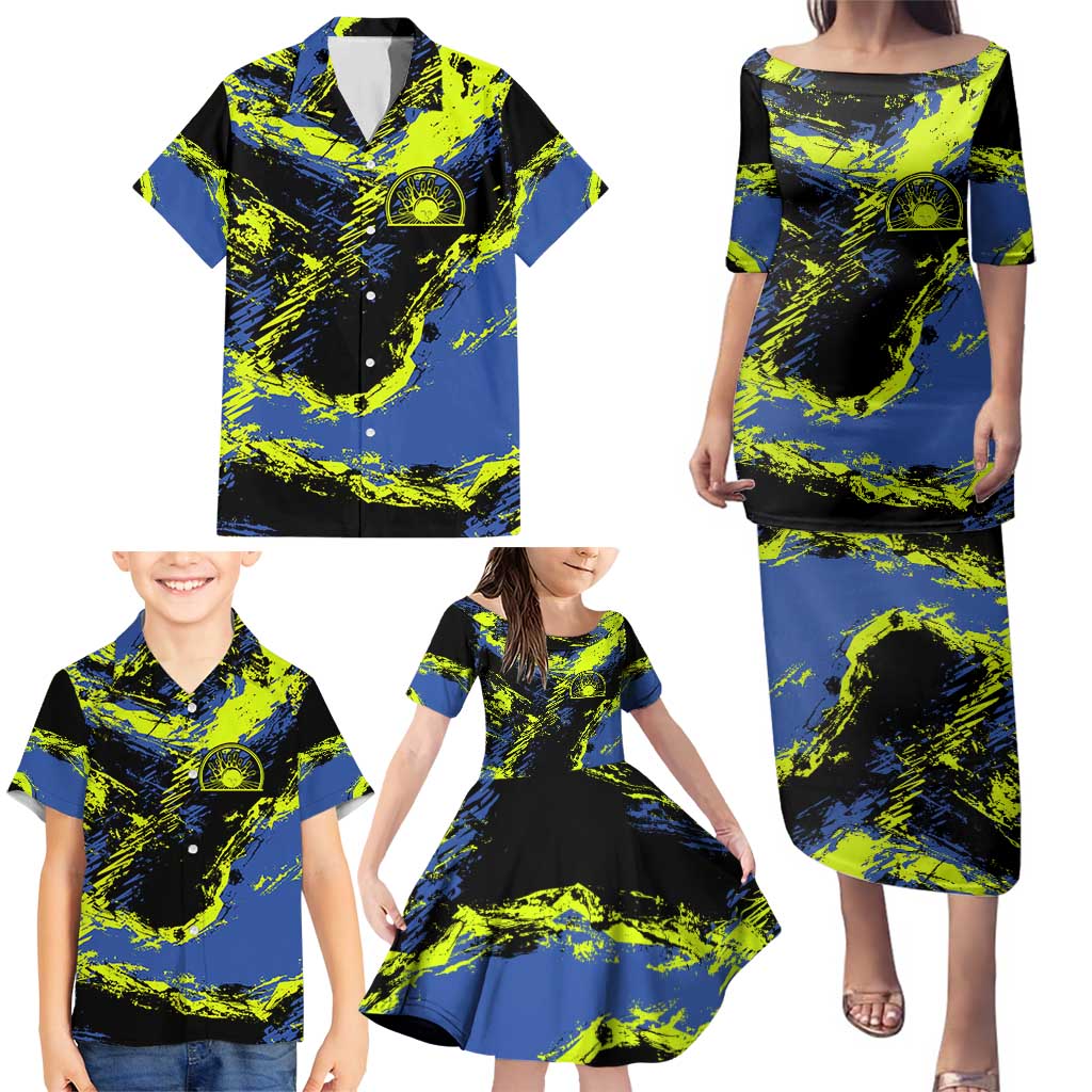 Abstract Blue and Yellow Bowling Ball Strike Design Family Matching Puletasi and Hawaiian Shirt with Custom Name Print - Wonder Print Shop