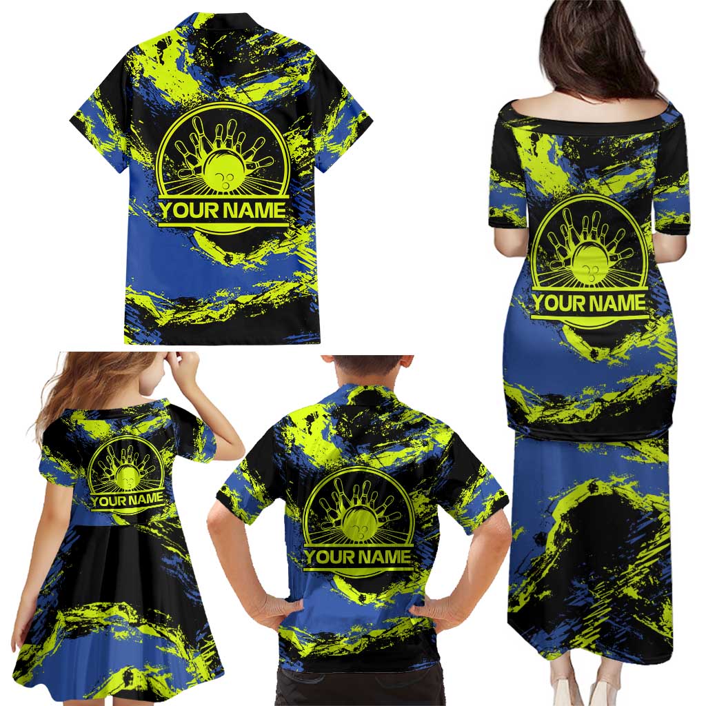 Abstract Blue and Yellow Bowling Ball Strike Design Family Matching Puletasi and Hawaiian Shirt with Custom Name Print - Wonder Print Shop