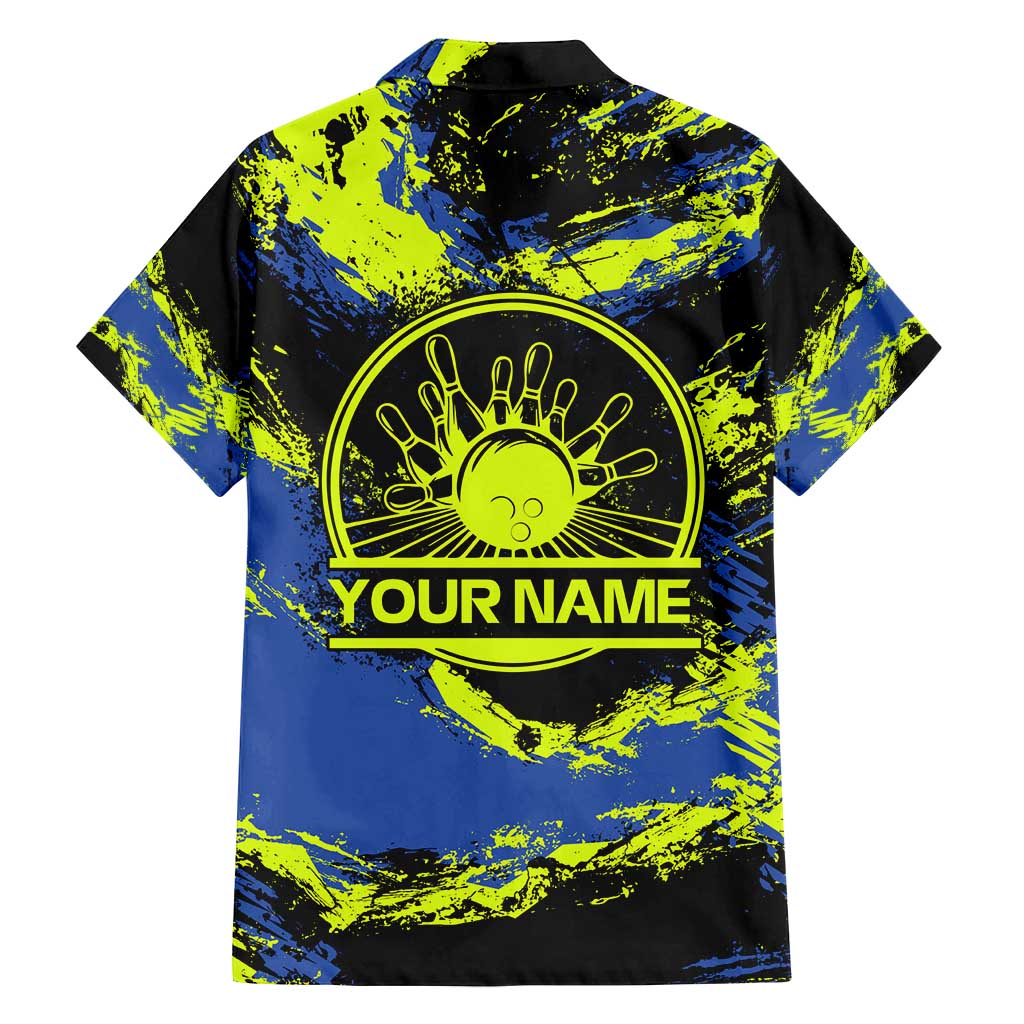 Abstract Blue and Yellow Bowling Ball Strike Design Family Matching Puletasi and Hawaiian Shirt with Custom Name Print - Wonder Print Shop