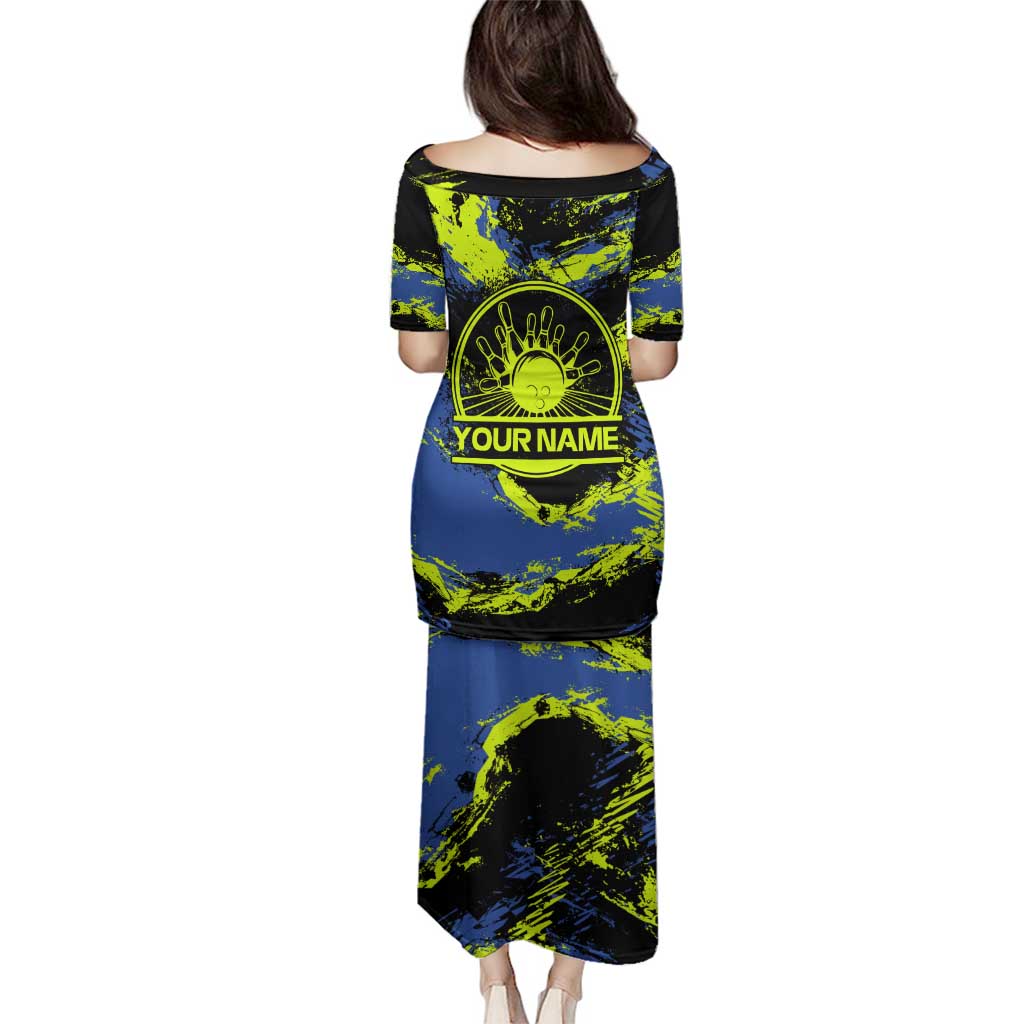 Abstract Blue and Yellow Bowling Ball Strike Design Family Matching Puletasi and Hawaiian Shirt with Custom Name Print - Wonder Print Shop