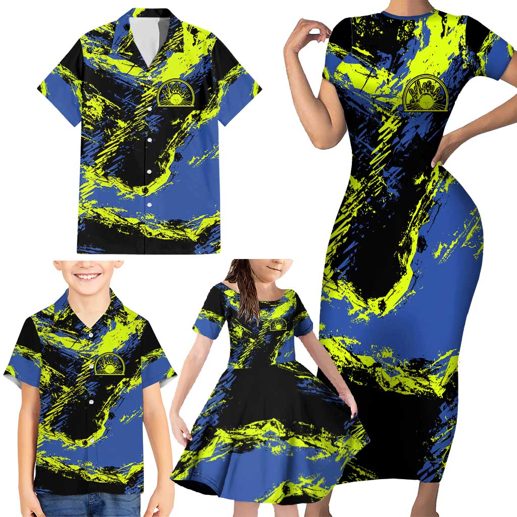Abstract Blue and Yellow Bowling Ball Strike Design Family Matching Short Sleeve Bodycon Dress and Hawaiian Shirt with Custom Name Print - Wonder Print Shop