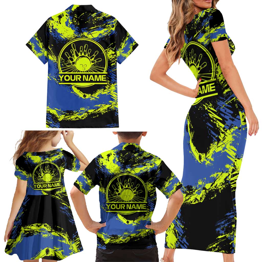 Abstract Blue and Yellow Bowling Ball Strike Design Family Matching Short Sleeve Bodycon Dress and Hawaiian Shirt with Custom Name Print - Wonder Print Shop