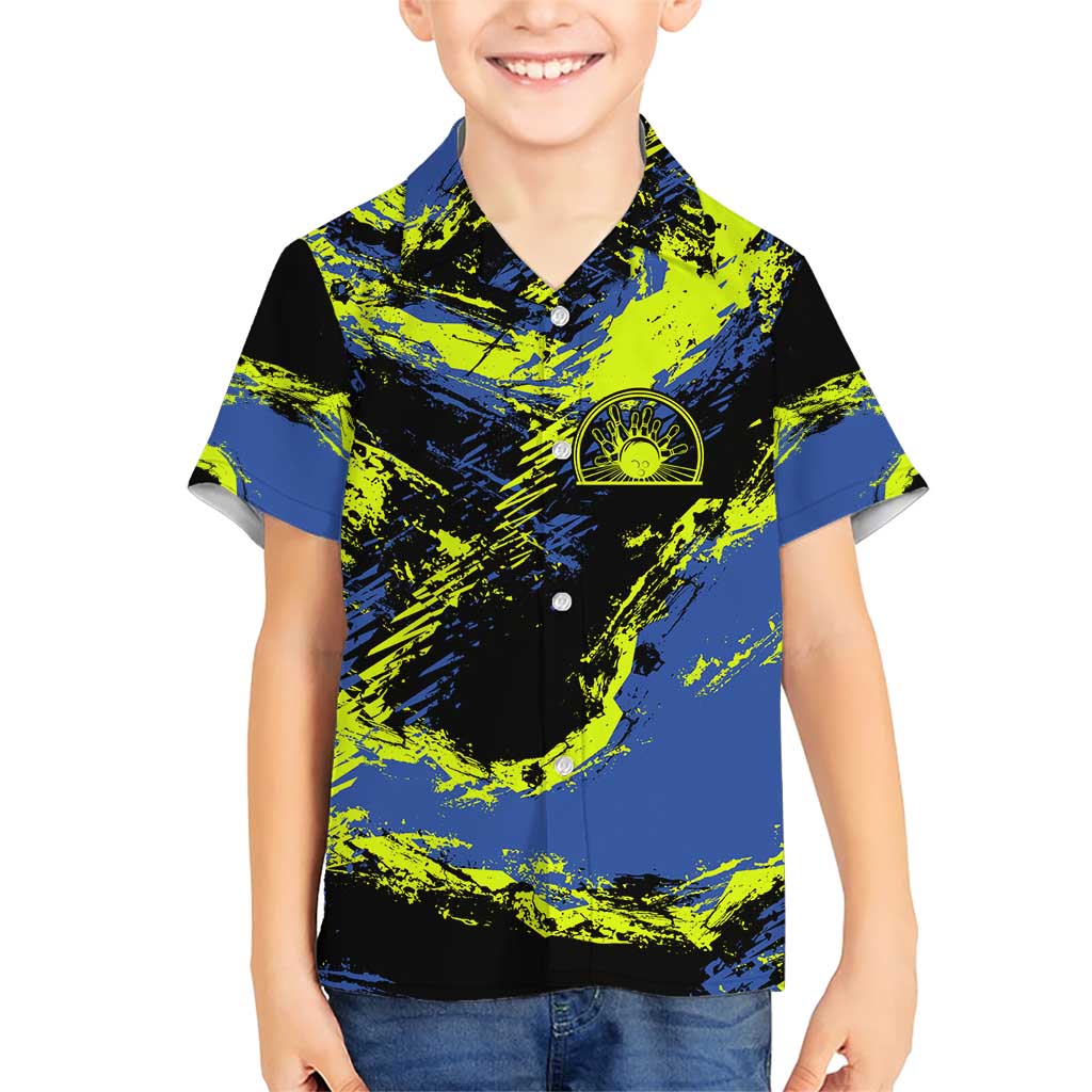 Abstract Blue and Yellow Bowling Ball Strike Design Family Matching Short Sleeve Bodycon Dress and Hawaiian Shirt with Custom Name Print - Wonder Print Shop