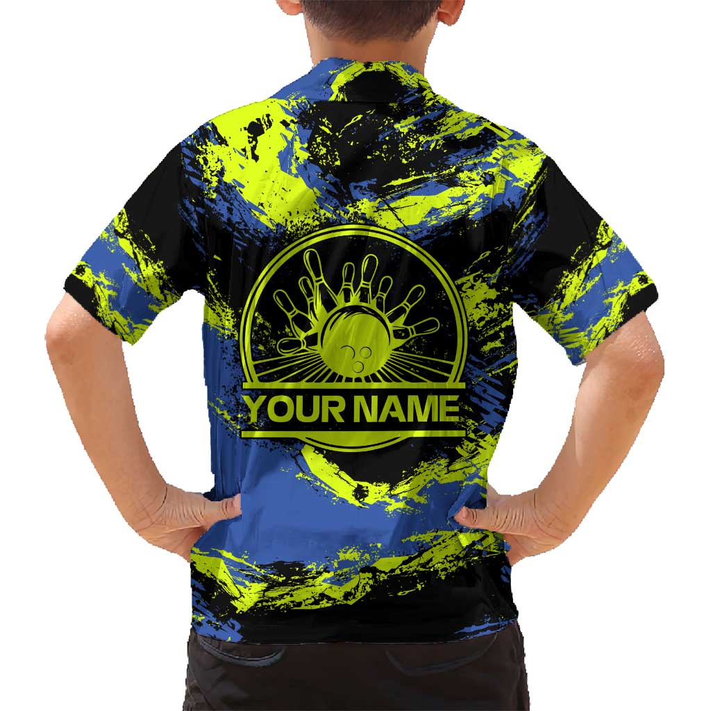 Abstract Blue and Yellow Bowling Ball Strike Design Family Matching Summer Maxi Dress and Hawaiian Shirt with Custom Name Print - Wonder Print Shop
