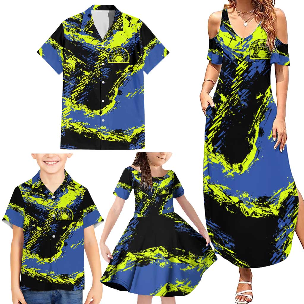 Abstract Blue and Yellow Bowling Ball Strike Design Family Matching Summer Maxi Dress and Hawaiian Shirt with Custom Name Print - Wonder Print Shop