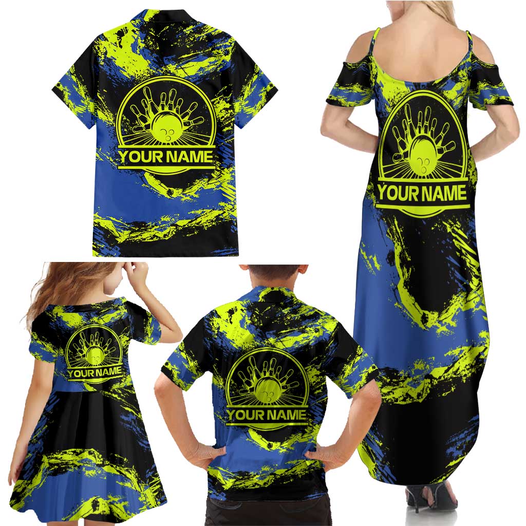 Abstract Blue and Yellow Bowling Ball Strike Design Family Matching Summer Maxi Dress and Hawaiian Shirt with Custom Name Print - Wonder Print Shop