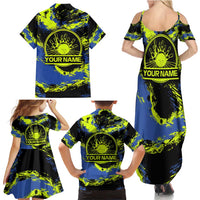Abstract Blue and Yellow Bowling Ball Strike Design Family Matching Summer Maxi Dress and Hawaiian Shirt with Custom Name Print - Wonder Print Shop