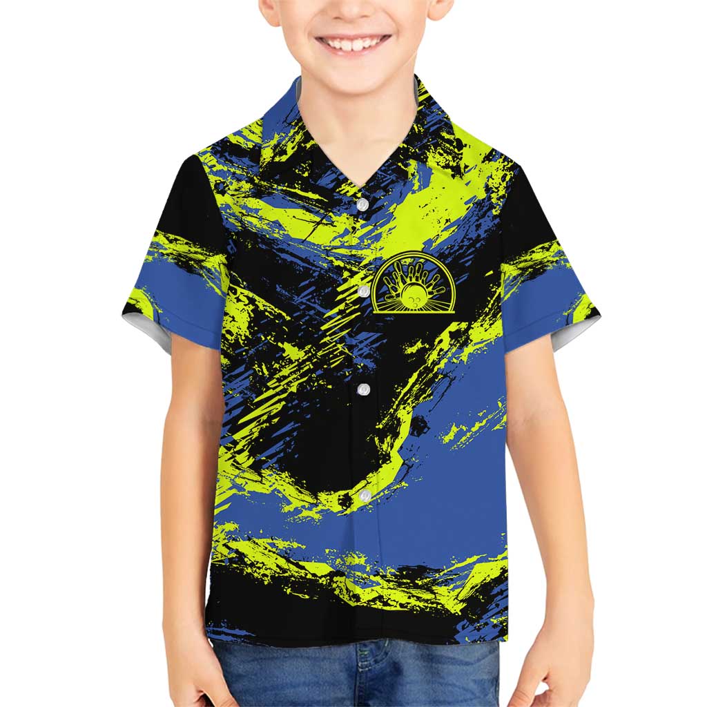 Abstract Blue and Yellow Bowling Ball Strike Design Family Matching Summer Maxi Dress and Hawaiian Shirt with Custom Name Print - Wonder Print Shop