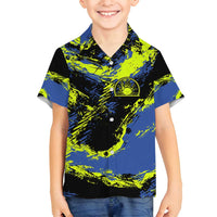 Abstract Blue and Yellow Bowling Ball Strike Design Family Matching Summer Maxi Dress and Hawaiian Shirt with Custom Name Print - Wonder Print Shop