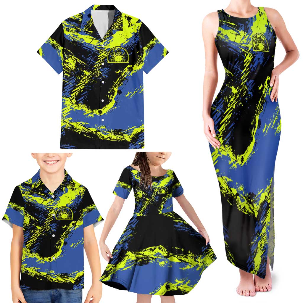 Abstract Blue and Yellow Bowling Ball Strike Design Family Matching Tank Maxi Dress and Hawaiian Shirt with Custom Name Print - Wonder Print Shop