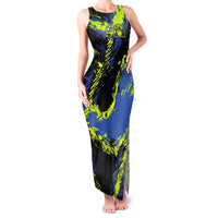 Abstract Blue and Yellow Bowling Ball Strike Design Family Matching Tank Maxi Dress and Hawaiian Shirt with Custom Name Print - Wonder Print Shop