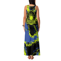 Abstract Blue and Yellow Bowling Ball Strike Design Family Matching Tank Maxi Dress and Hawaiian Shirt with Custom Name Print - Wonder Print Shop