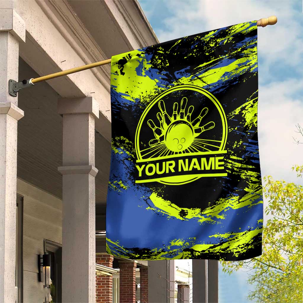 Abstract Blue and Yellow Bowling Ball Strike Design Garden Flag with Custom Name Print - Wonder Print Shop