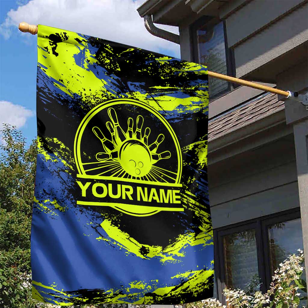 Abstract Blue and Yellow Bowling Ball Strike Design Garden Flag with Custom Name Print - Wonder Print Shop