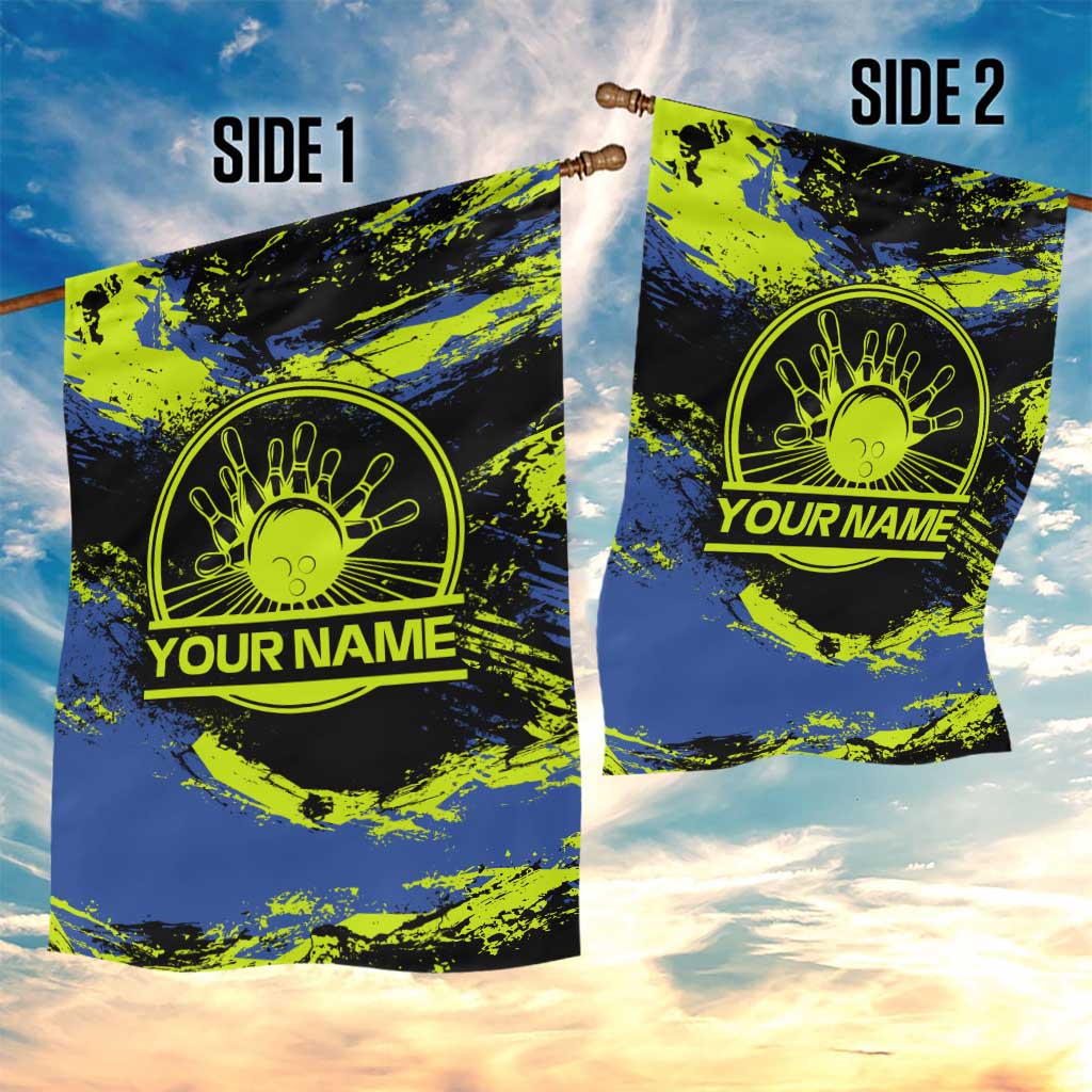 Abstract Blue and Yellow Bowling Ball Strike Design Garden Flag with Custom Name Print - Wonder Print Shop