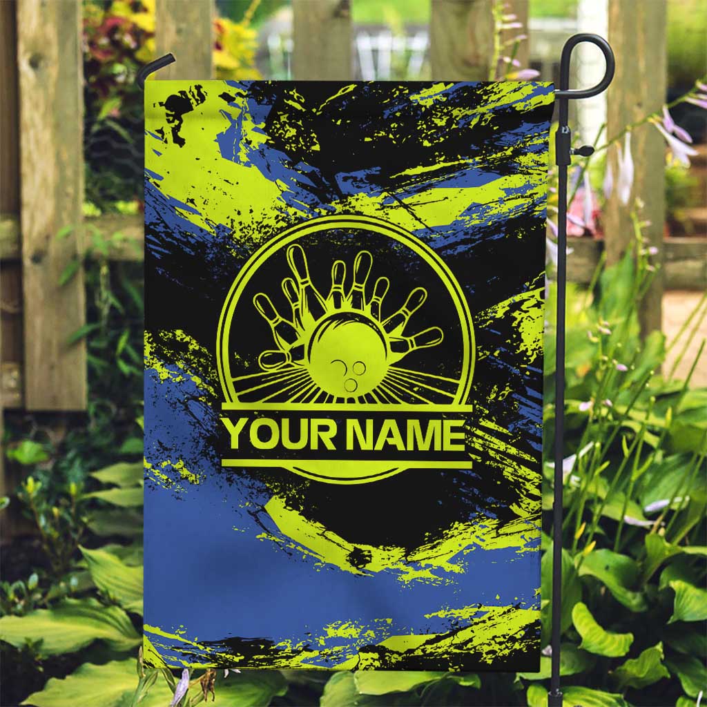 Abstract Blue and Yellow Bowling Ball Strike Design Garden Flag with Custom Name Print - Wonder Print Shop