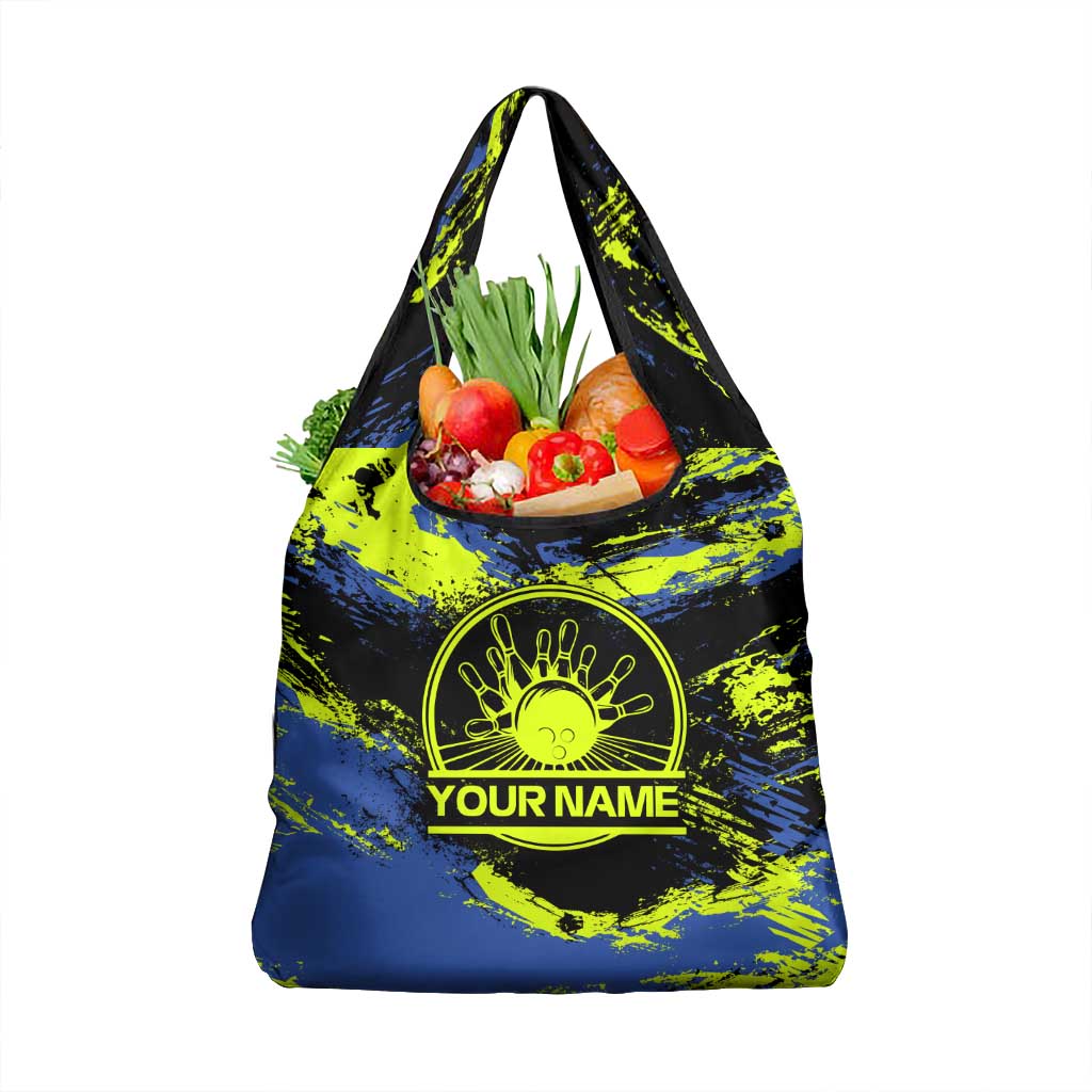 Abstract Blue and Yellow Bowling Ball Strike Design Grocery Bag with Custom Name Print - Wonder Print Shop