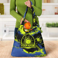 Abstract Blue and Yellow Bowling Ball Strike Design Grocery Bag with Custom Name Print - Wonder Print Shop