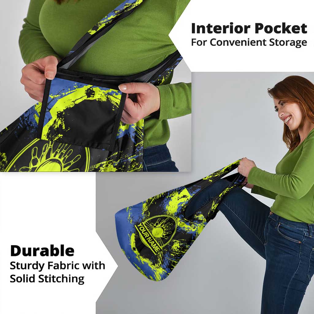 Abstract Blue and Yellow Bowling Ball Strike Design Grocery Bag with Custom Name Print - Wonder Print Shop