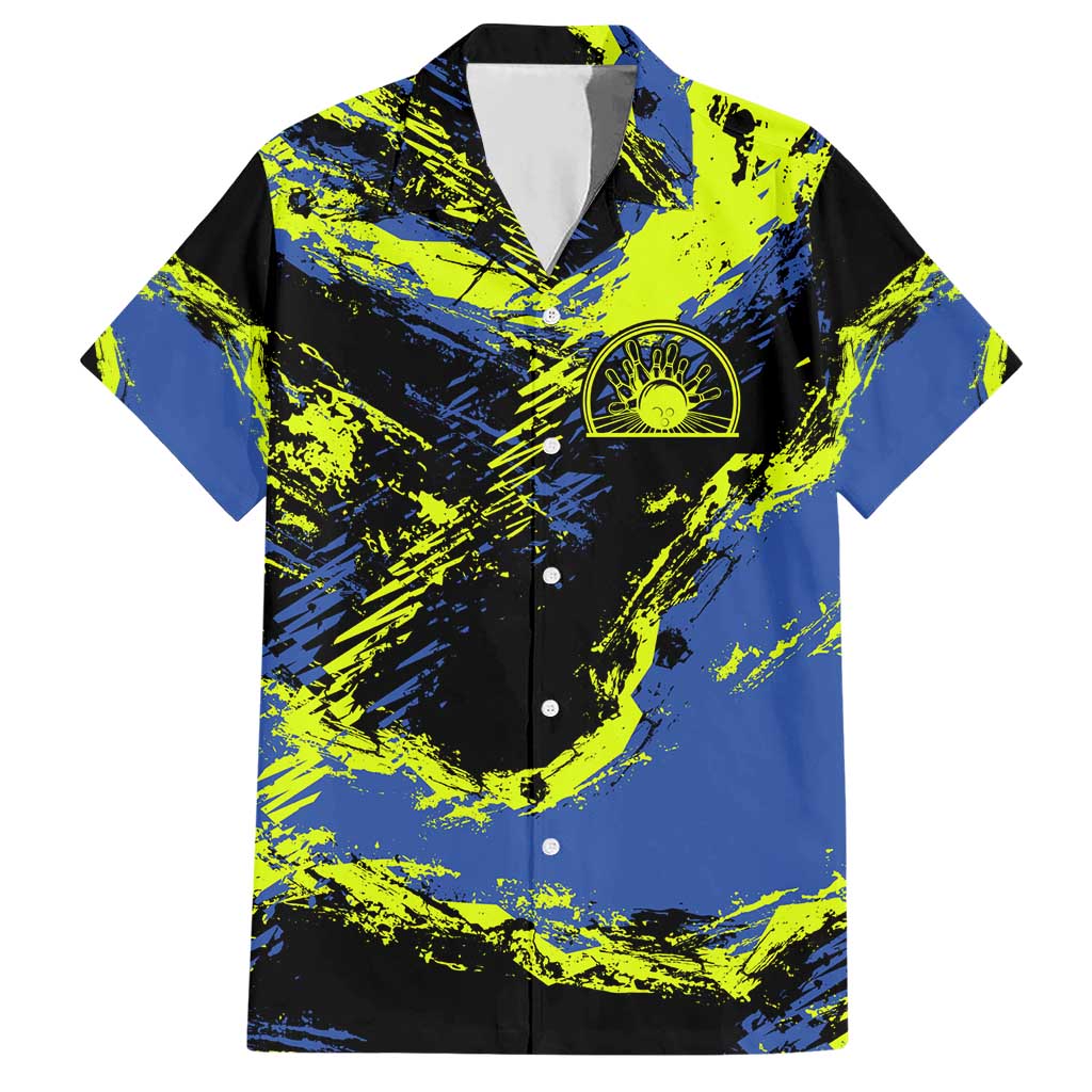 Abstract Blue and Yellow Bowling Ball Strike Design Hawaiian Shirt with Custom Name Print - Wonder Print Shop