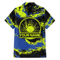 Abstract Blue and Yellow Bowling Ball Strike Design Hawaiian Shirt with Custom Name Print - Wonder Print Shop