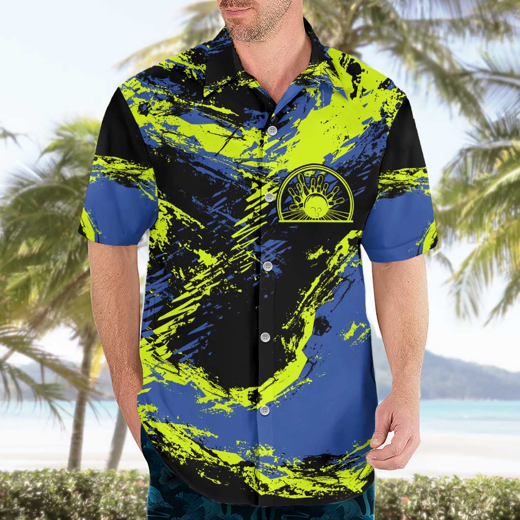 Abstract Blue and Yellow Bowling Ball Strike Design Hawaiian Shirt with Custom Name Print - Wonder Print Shop