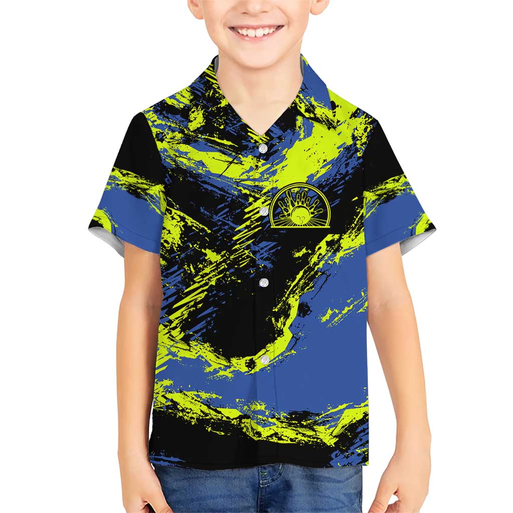 Abstract Blue and Yellow Bowling Ball Strike Design Hawaiian Shirt with Custom Name Print - Wonder Print Shop
