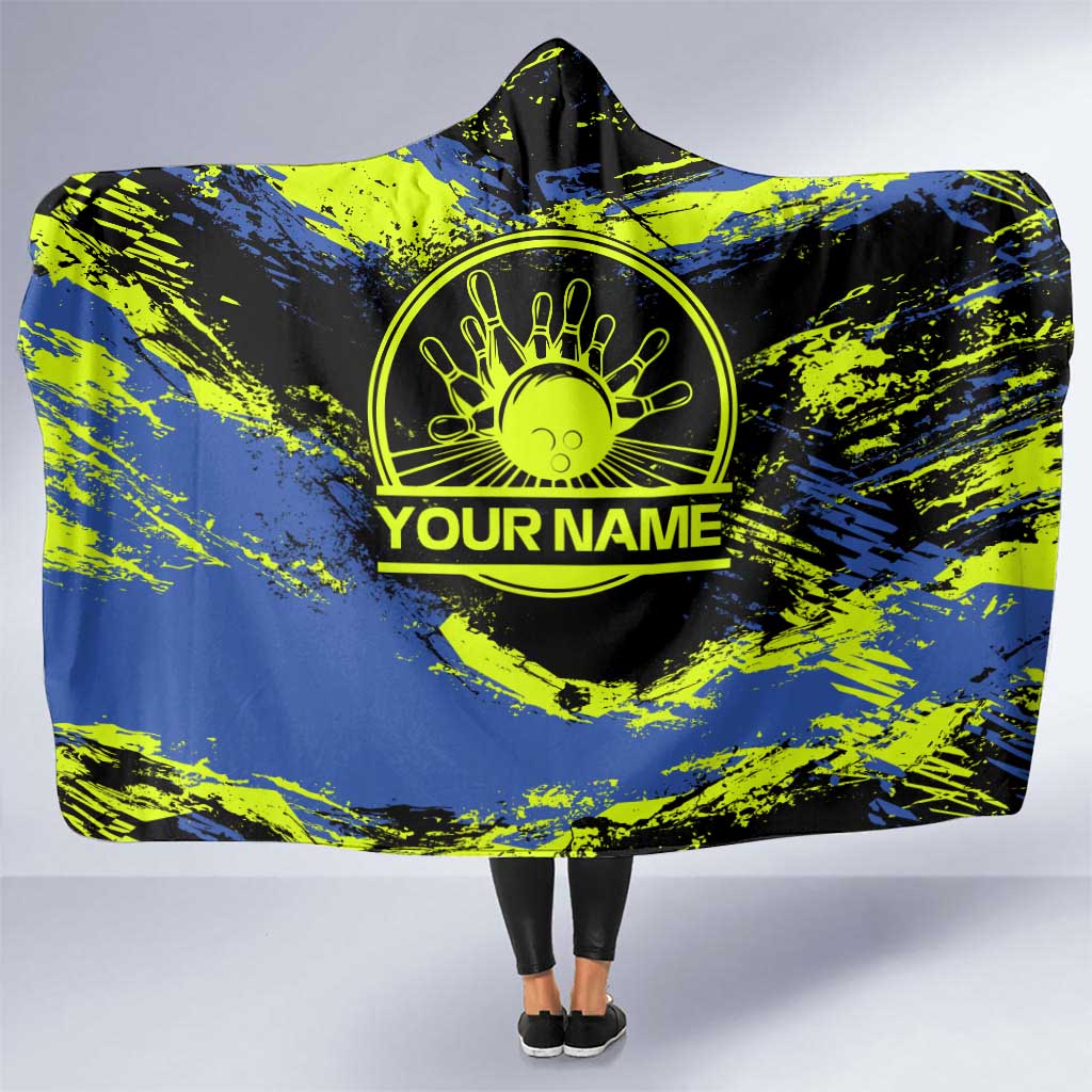 Abstract Blue and Yellow Bowling Ball Strike Design Hooded Blanket with Custom Name Print - Wonder Print Shop