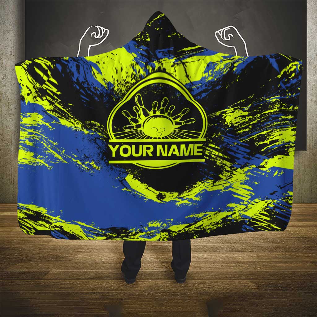 Abstract Blue and Yellow Bowling Ball Strike Design Hooded Blanket with Custom Name Print - Wonder Print Shop