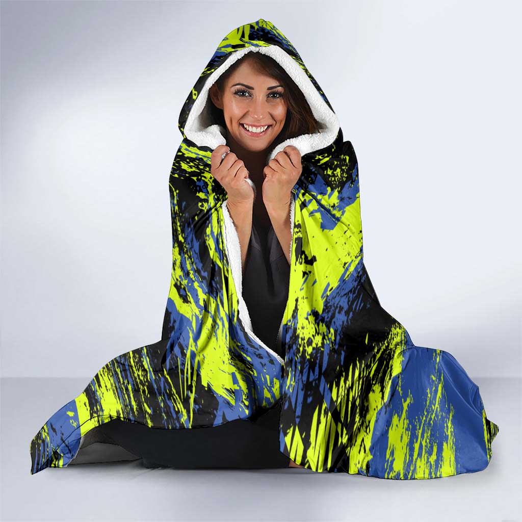 Abstract Blue and Yellow Bowling Ball Strike Design Hooded Blanket with Custom Name Print - Wonder Print Shop