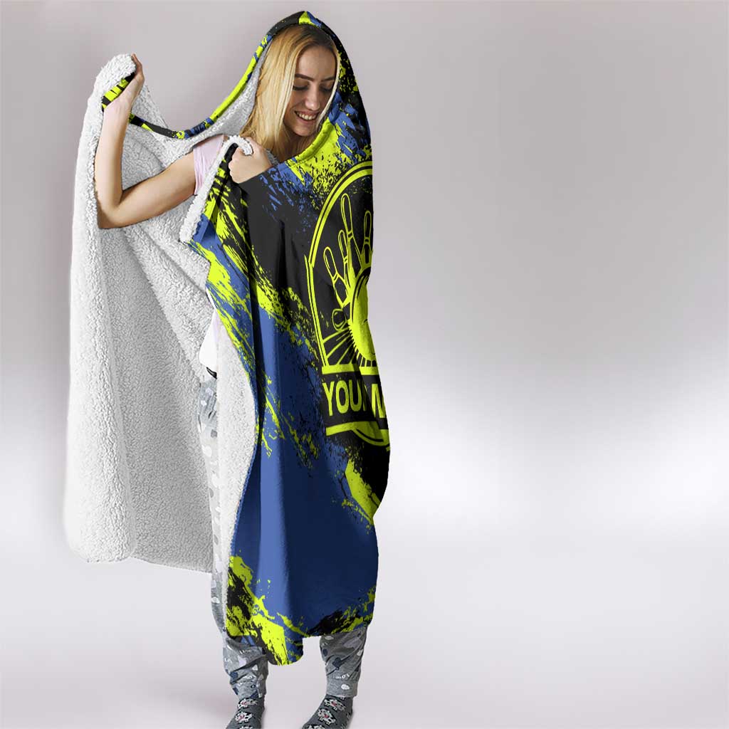 Abstract Blue and Yellow Bowling Ball Strike Design Hooded Blanket with Custom Name Print - Wonder Print Shop
